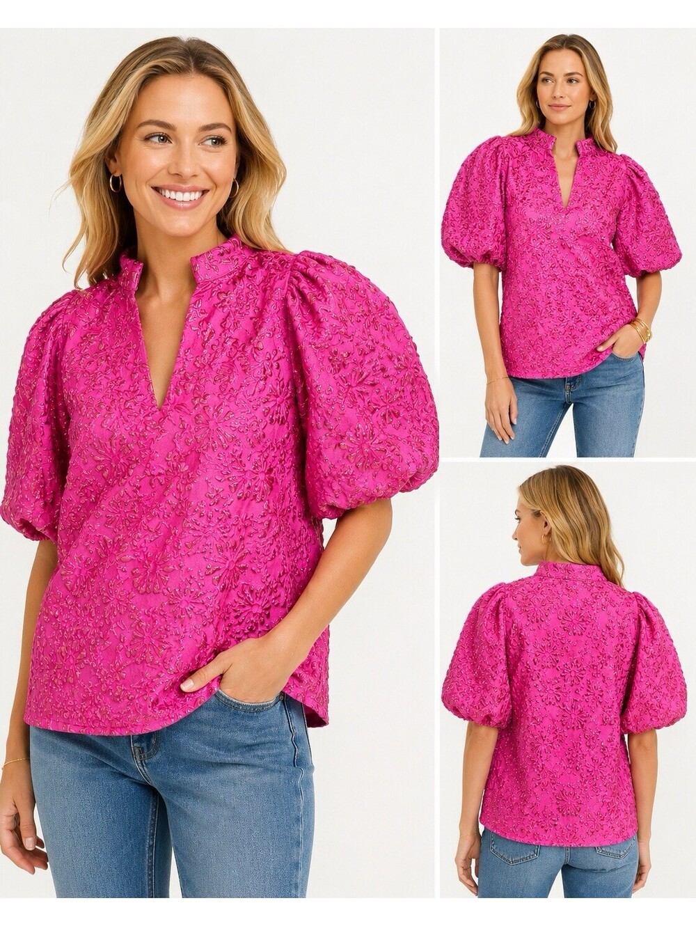 THML Hot Pink Textured Floral Puff Sleeve Blouse NWT Size Small